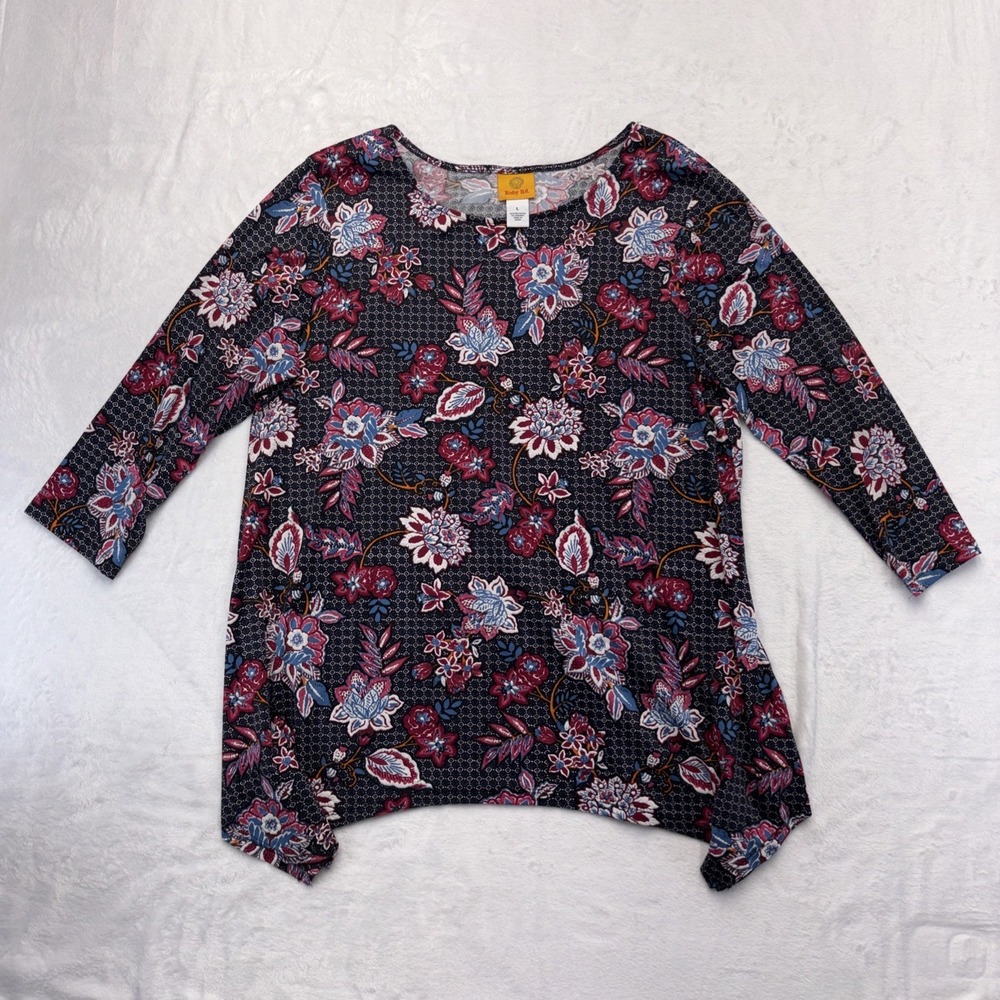 Ruby Rd Y2K Floral Stretch Knit Tunic Top L Sharkbite Hem Boho Cottagecore
